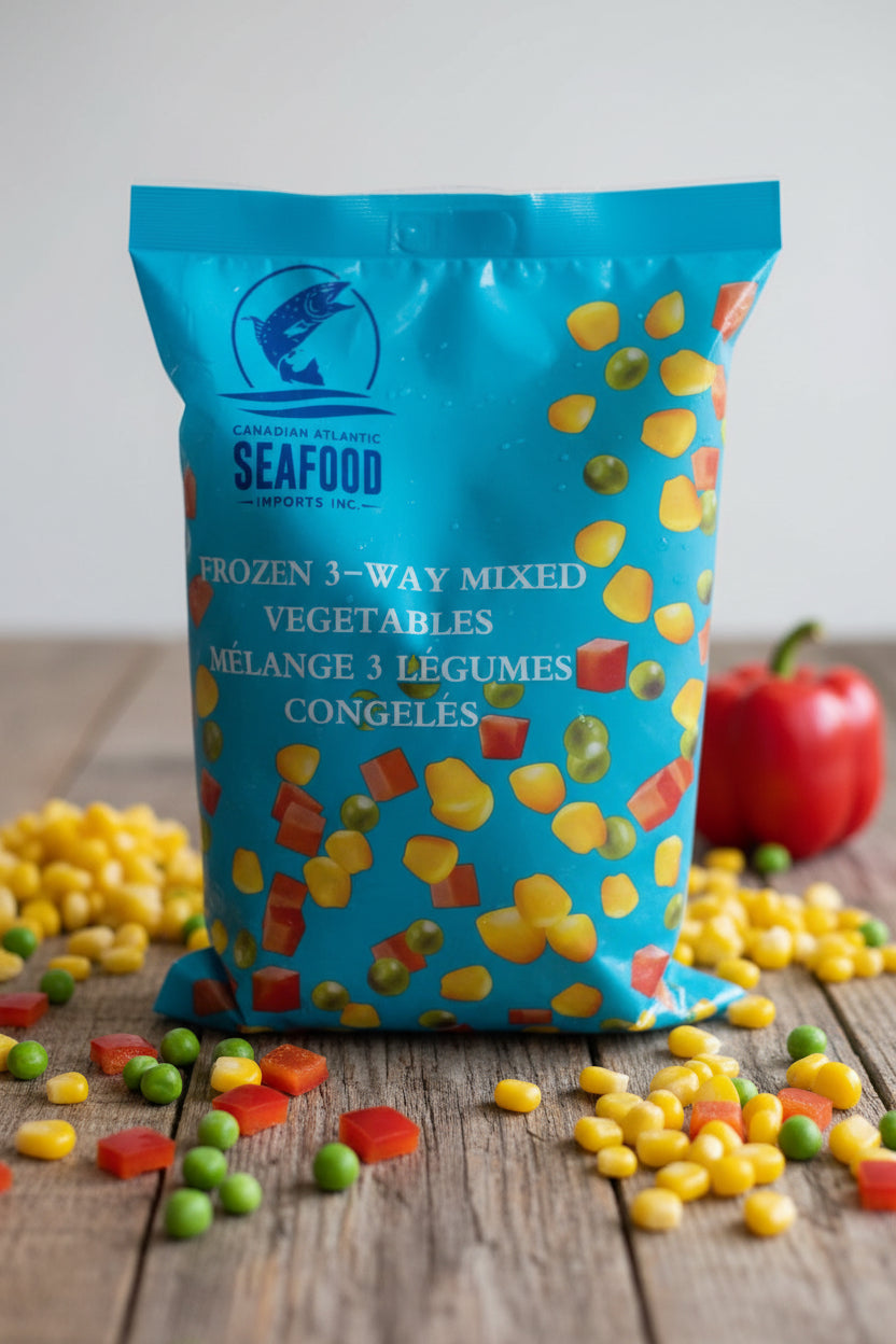  Frozen 3-Way Mixed Vegetables, featuring illustrations of mixed vegetables and placed on top of a cardboard box.