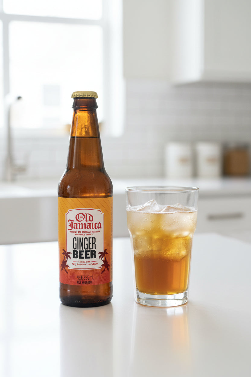 Bottle of Old Jamaica Ginger Beer on a white background