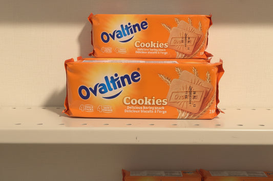 Ovaltine cookies packaging on a shelf in a store