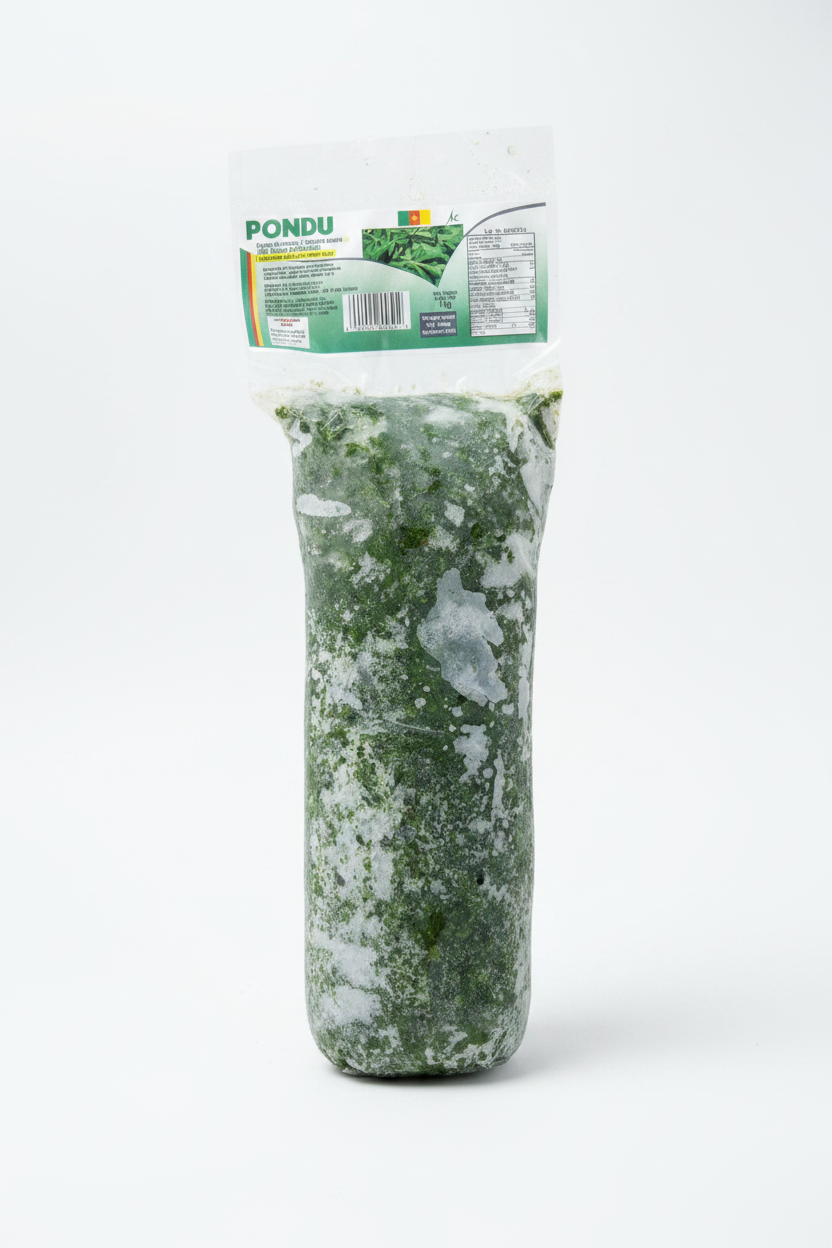 Frozen green pondweed in a clear plastic bag with a white and green header label, photographed on a light gray background.