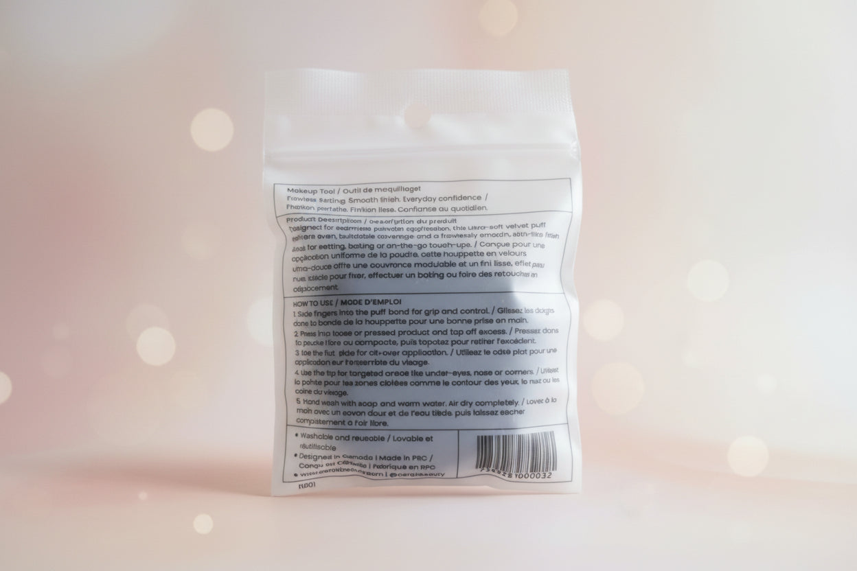 Close-up of a product label with text and a barcode on a clear plastic bag.