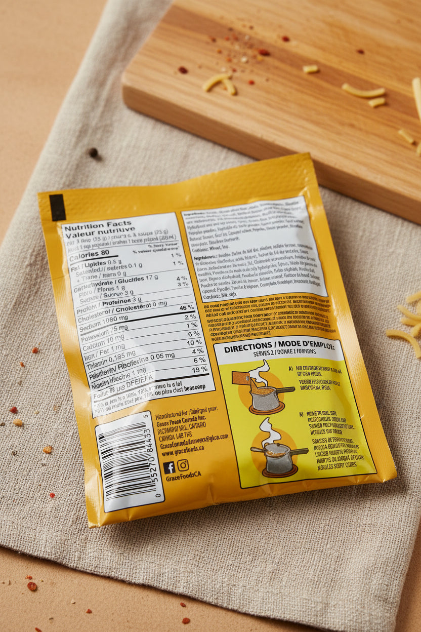 Back of a yellow food package with text and labels on a textured surface