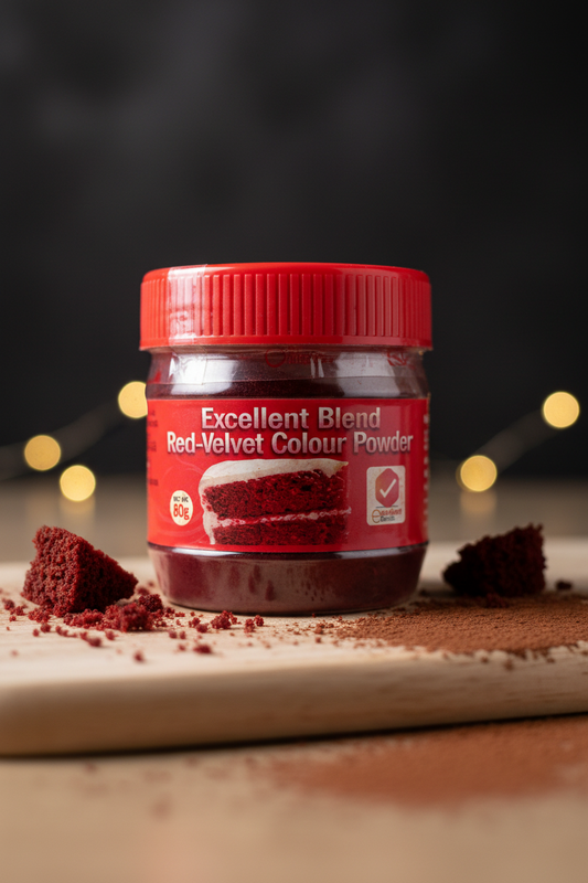 A jar of 'Excellent Blend Red-Velvet Colour Powder' with a red lid and red label, styled on a wooden board with red cake crumbs and pieces against a dark background with warm bokeh lights.