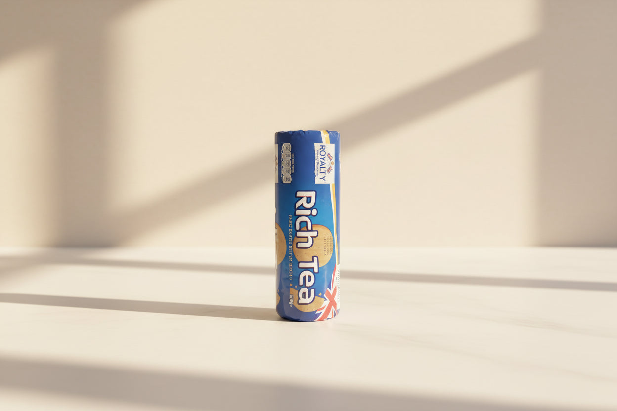 Bar of Rich Tea biscuits held by a person with a blurred background