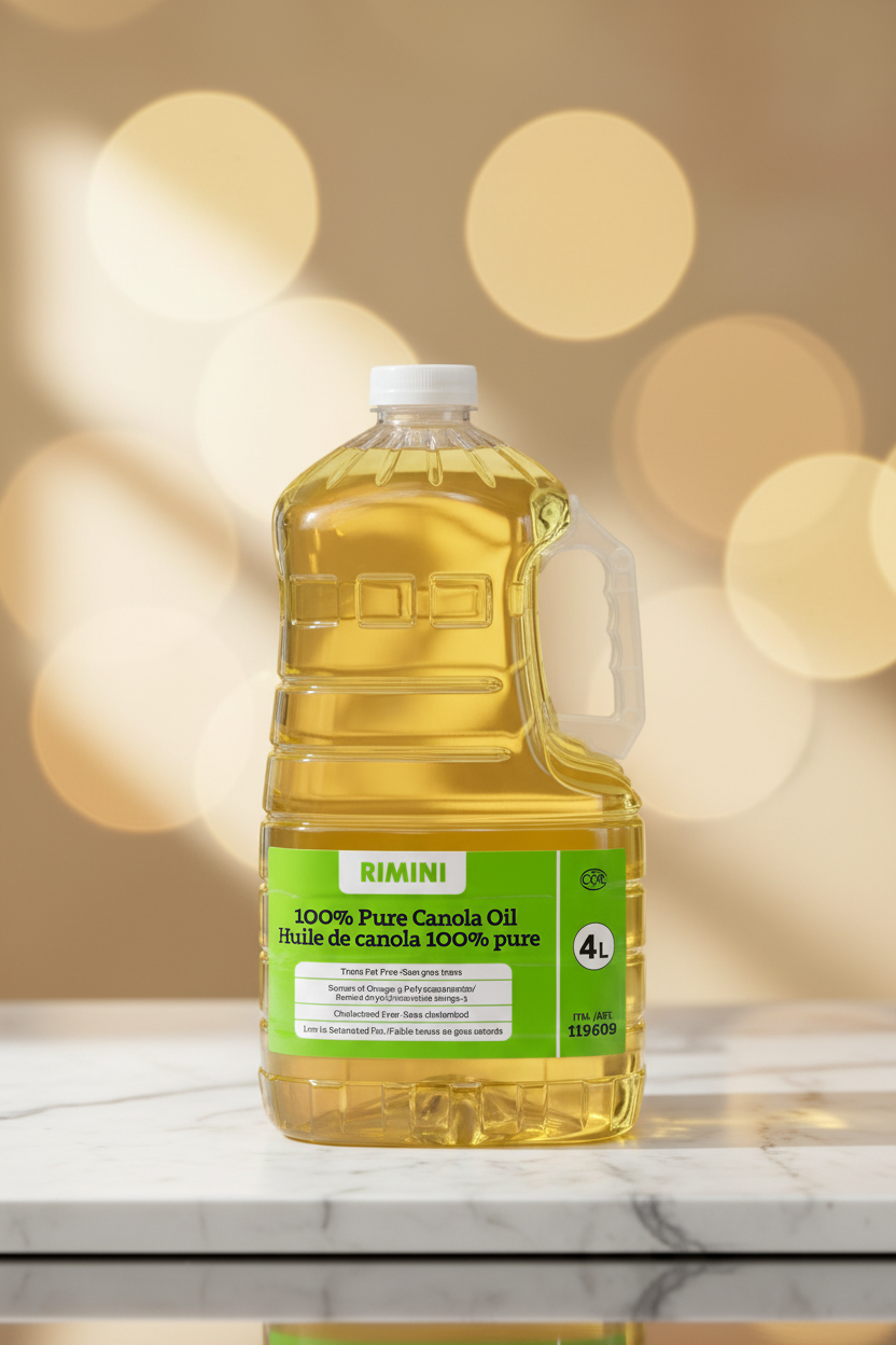 A 4-liter plastic jug of Rimini 100% pure canola oil stands on a white marble surface against a warm, softly blurred bokeh background.