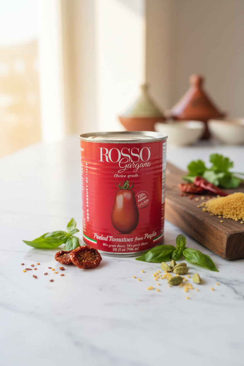 Two cans of 'ROSSO Garigano' tomatoes on a white background