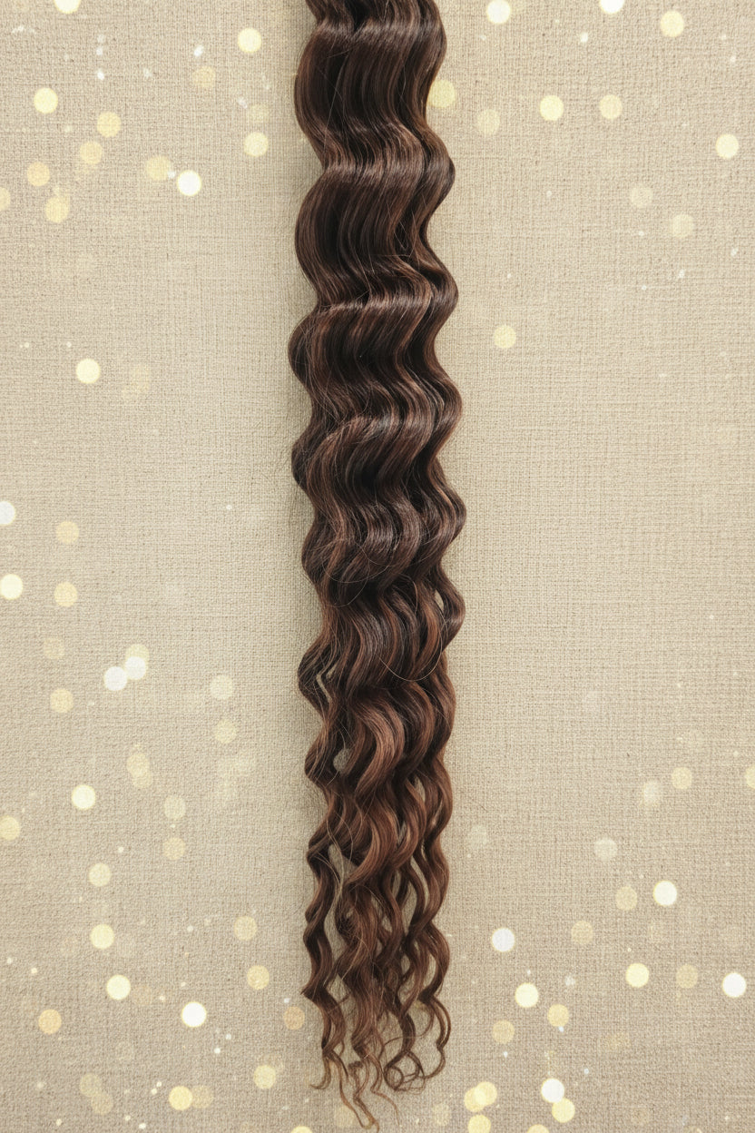 A long, dark brown to black wavy hair extension hanging vertically on a black display stand inside a retail store aisle, with shelves and refrigerated display cases visible in the background.