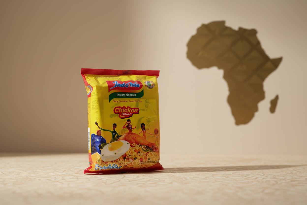 Packaged instant noodles with a colorful label on a plain background