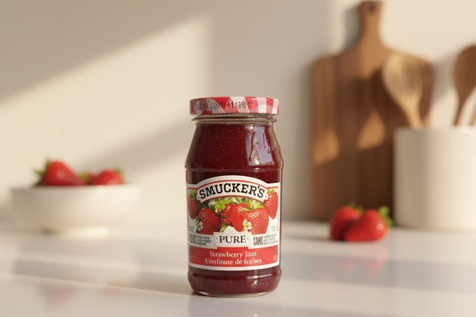 Jar of Smucker's strawberry jam on a metallic surface