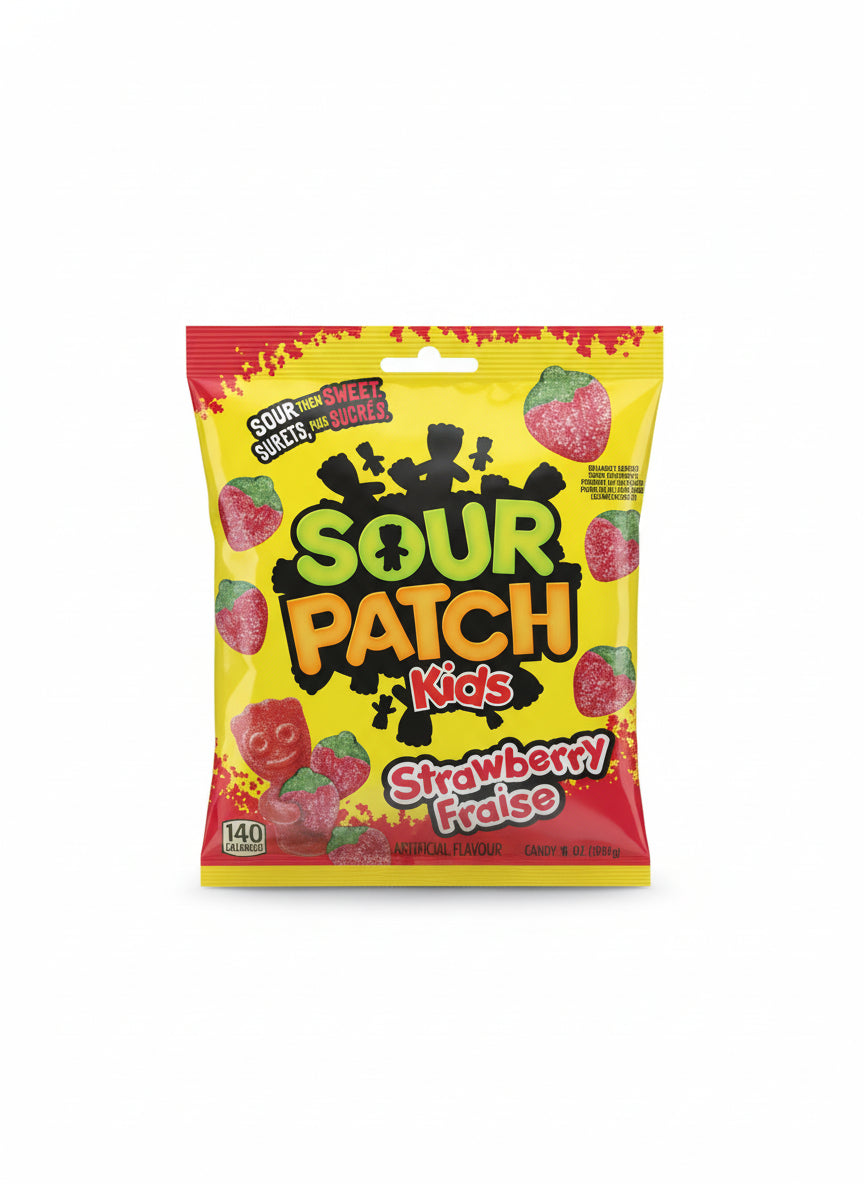 Sour Patch Kids Strawberry Fraise candy bag with colorful design