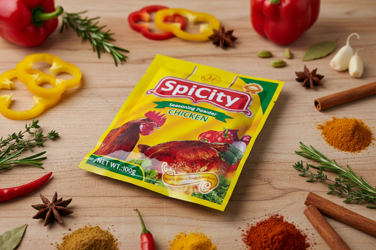Spicity seasoning powder packet on a wooden surface with spices and herbs