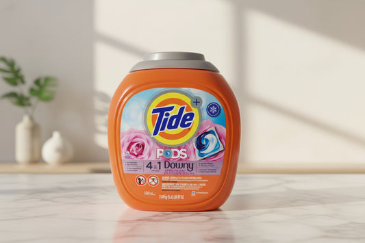Tide PODS laundry detergent container with Downy fabric softener on a wooden surface