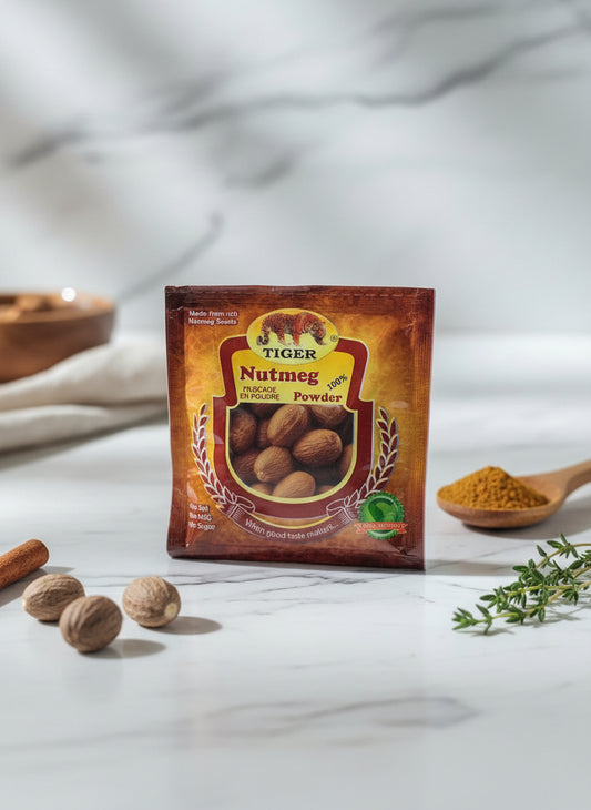 Tiger Nutmeg soap packaging on a dark surface