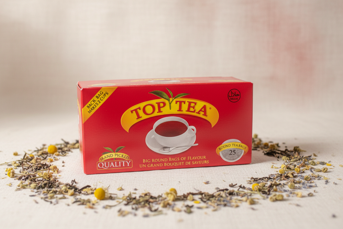 A red box of Top Tea organic hand-picked quality black tea bags, styled on a light beige fabric surface with scattered chamomile flowers and dried herbs around it.