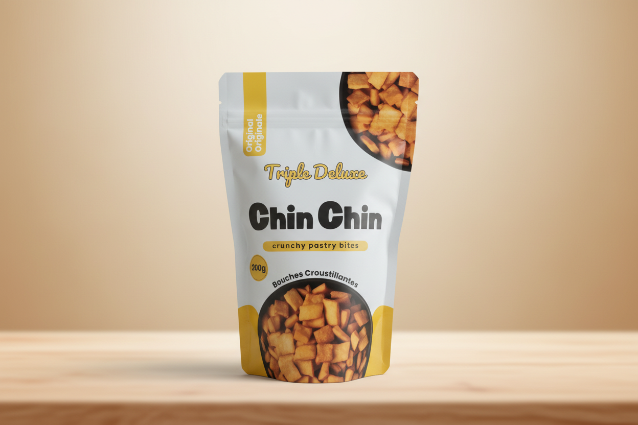 Packaging of Chin Chin snacks on a wooden surface with a beige background