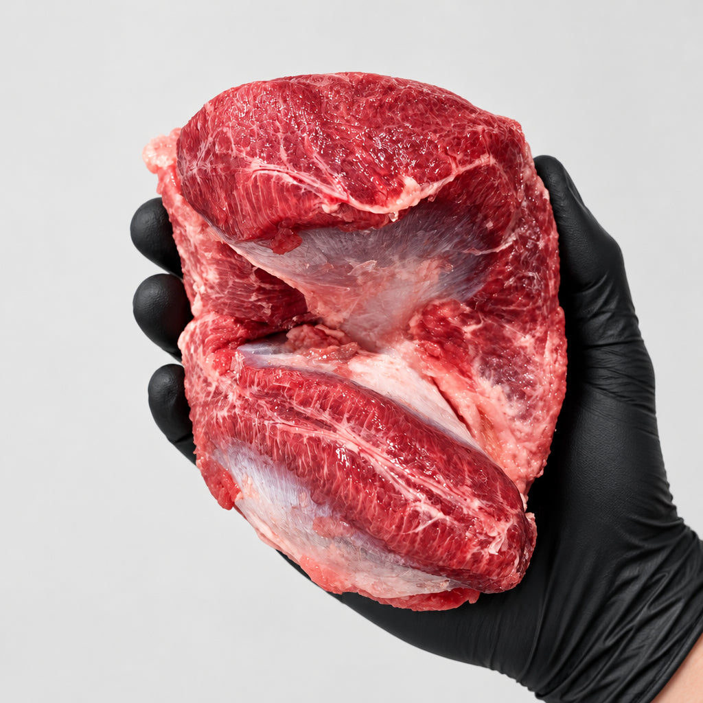 Raw marbled meat held in a black gloved hand, photographed close-up against a blurred indoor background.