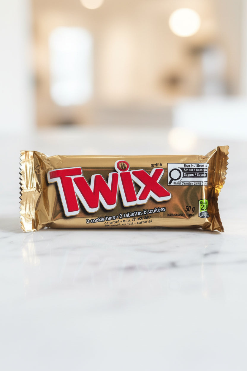 A Twix cookie bar in its gold wrapper, placed on a light wood surface in front of a digital scale.