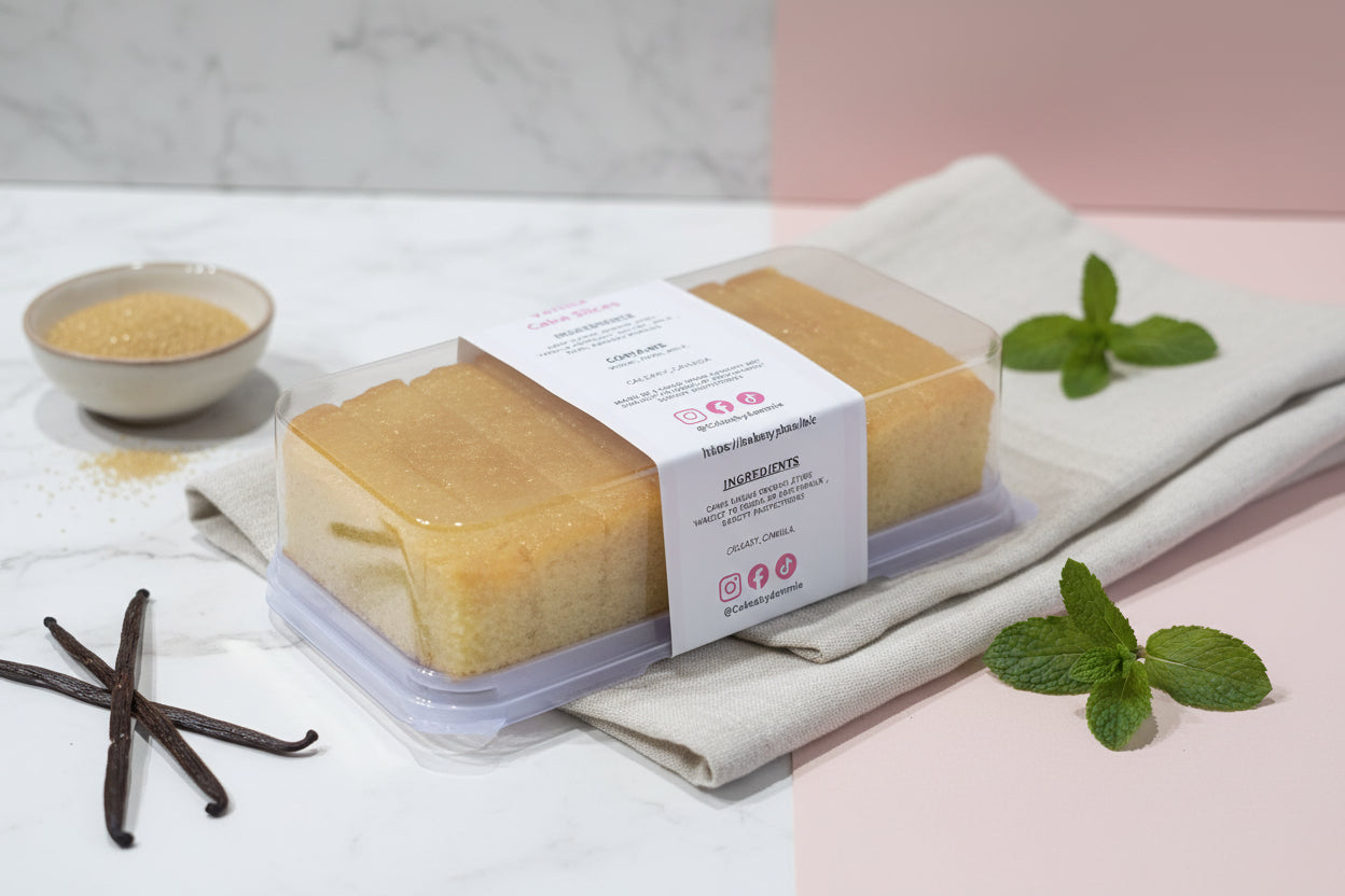 Packaged vanilla cake slices held by a hand with a gray background