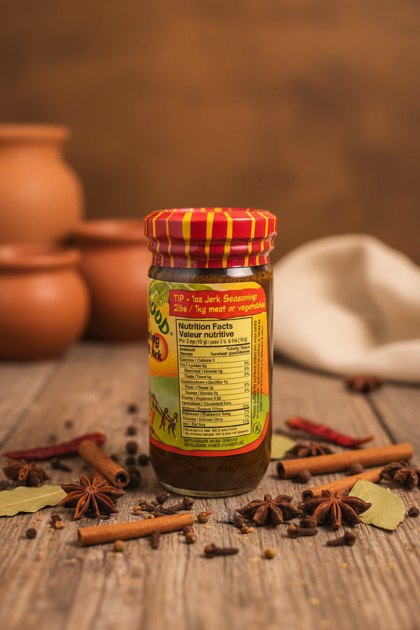Jerk seasoning container with nutrition label on a blurred background