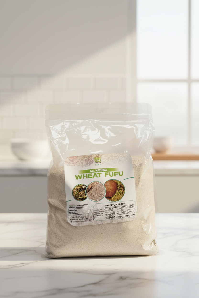 Bag of wheat fufu flour on a marble countertop with a kitchen background