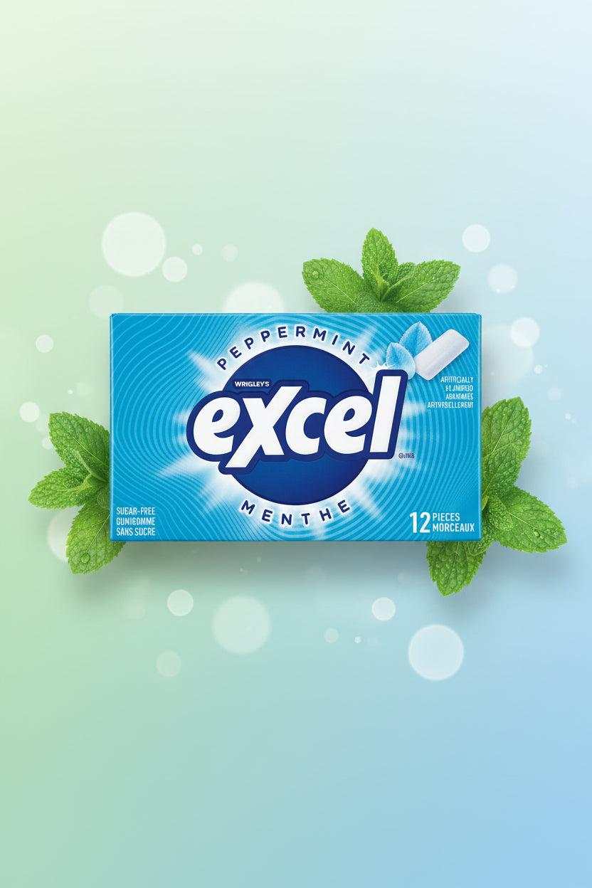 A box of Whigley's Excel Peppermint Menthe gum pieces on a light wood surface. The packaging is predominantly blue with white text and graphics.