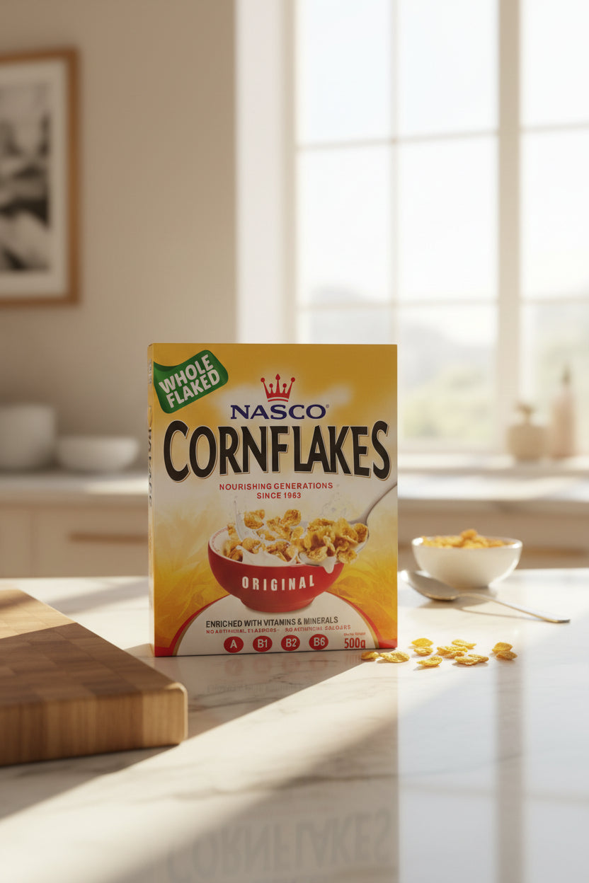 Nasco Cornflakes cereal box with branding and product details.