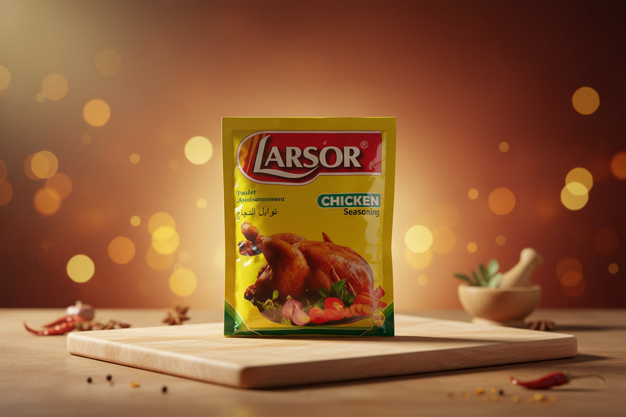 Larsor Chicken seasoning packet on a blurred background