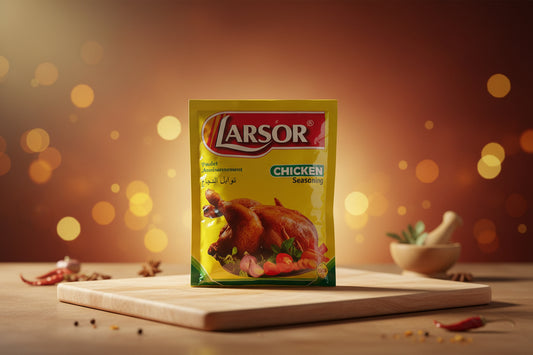 Larsor Chicken seasoning packet on a blurred background