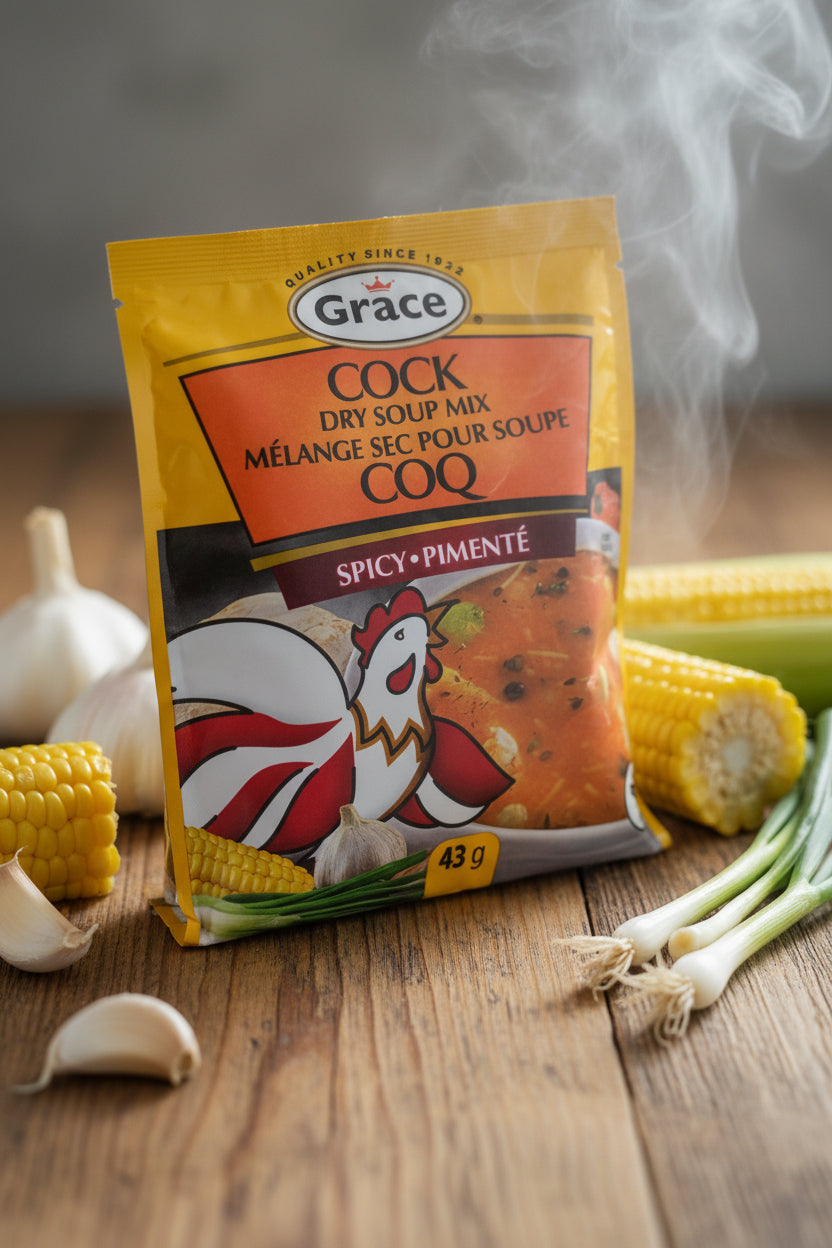 Grace Spicy Pimenté Cock Dry Soup Mix package on a textured surface